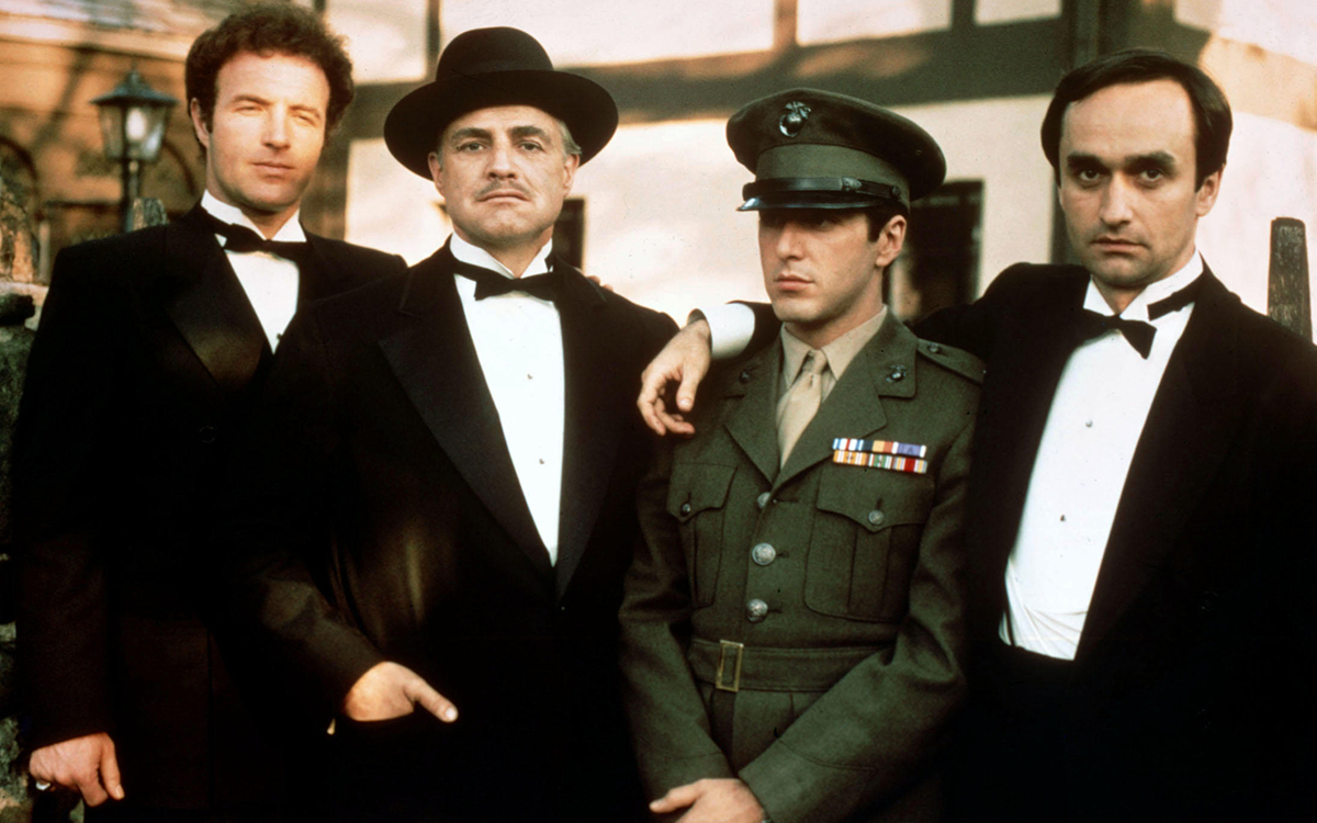 James Caan as Sonny Corleone, Marlon Brando as Vito Corleone, Al Pacino as Michael Corleone, and John Cazale as Fredo Corleone in The Godfather. (image courtesy of Alamy)